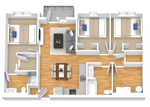 Floor plan for 3 beds, 2 baths, 1133 sqft